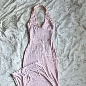 Oh Polly size XXS baby pink halter maxi dress with side slit in great condition